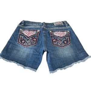 Shyanne Jean Shorts 30 x 5 Faux Flap Flag Fireworks Patriotic Fray Hem Stretch